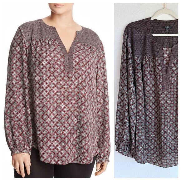 NYDJ Plus Womens Mixed Print Peasant Top in Maroon & Black Graphic Print Size 3X - Picture 1 of 12